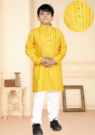 Picture of Good Looking Cotton Yellow Kids Kurta Pyjama