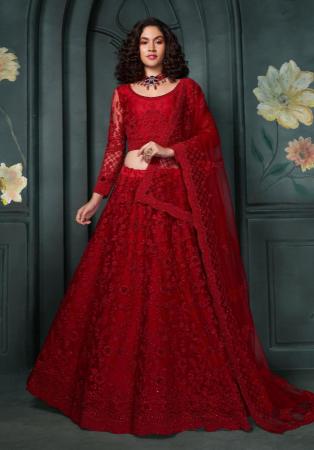 Picture of Well Formed Net Dark Red Lehenga Choli