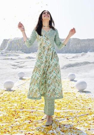 Picture of Cotton Dark Sea Green Readymade Salwar Kameez