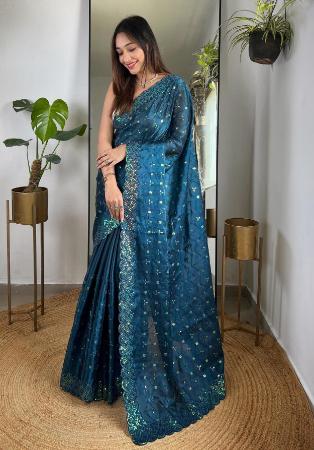 Picture of Pretty Chiffon & Silk Dark Slate Blue Saree