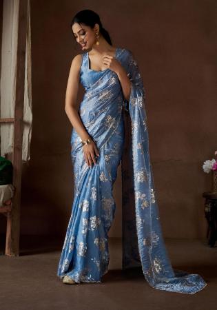 Picture of Amazing Satin & Silk Light Steel Blue Saree