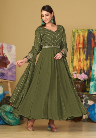 Picture of Georgette Dark Olive Green Anarkali Salwar Kameez