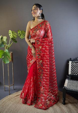 Picture of Charming Net Dark Red Saree