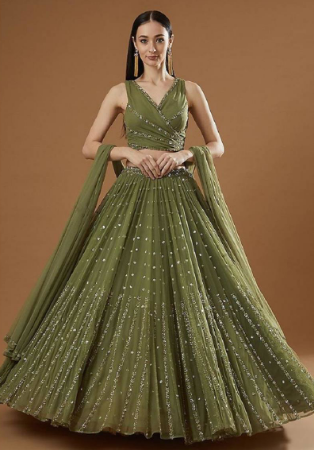 Picture of Amazing Georgette Dark Olive Green Lehenga Choli