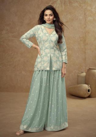 Picture of Chiffon Dark Sea Green Straight Cut Salwar Kameez