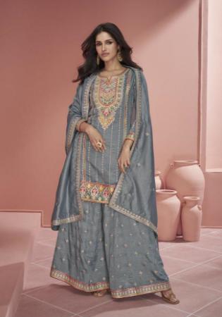 Picture of Silk & Organza Slate Grey Straight Cut Salwar Kameez