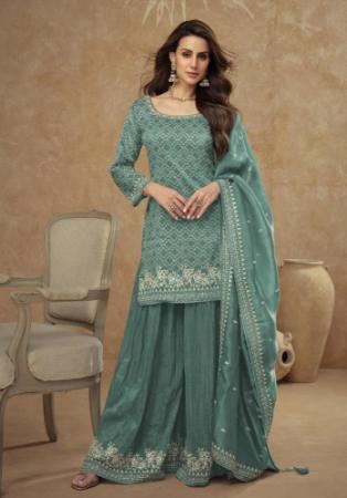 Picture of Silk Dark Slate Grey Straight Cut Salwar Kameez