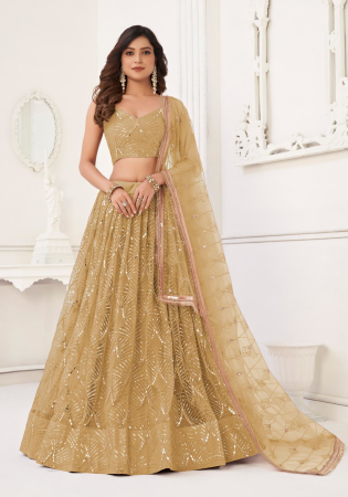 Picture of Beautiful Net Dark Khaki Lehenga Choli