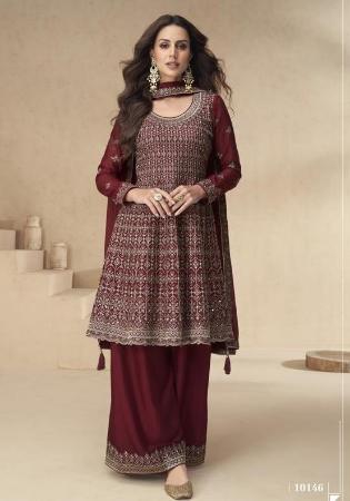 Picture of Chiffon & Silk Saddle Brown Straight Cut Salwar Kameez