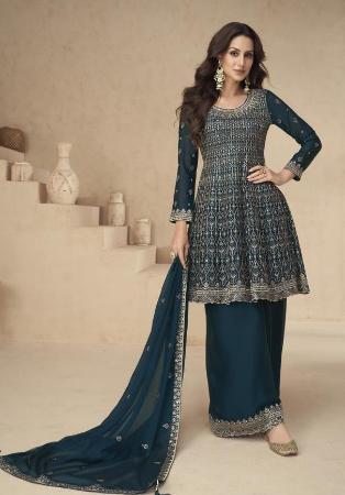 Picture of Chiffon & Silk Dark Green Straight Cut Salwar Kameez