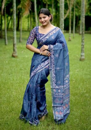 Picture of Alluring Cotton Midnight Blue Saree