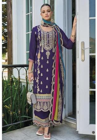 Picture of Chiffon & Silk Dark Slate Blue Straight Cut Salwar Kameez