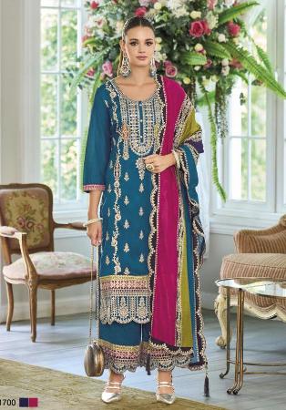 Picture of Chiffon & Silk Teal Straight Cut Salwar Kameez