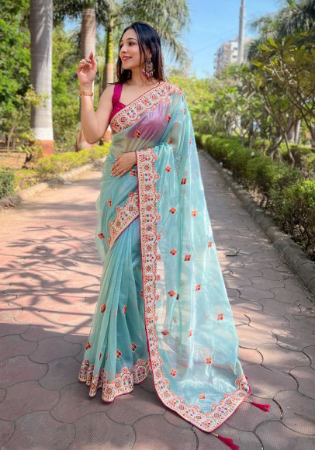 Picture of Gorgeous Net & Silk Cadet Blue Saree