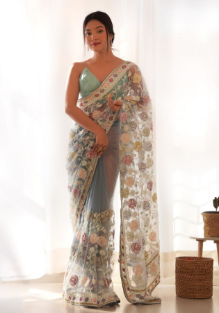 Picture of Stunning Silk & Organza Steel Blue Saree